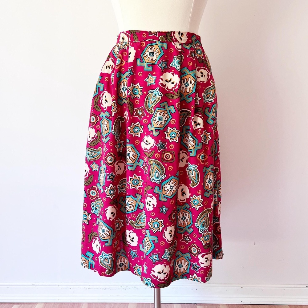 Vintage Midi Skirt‎ Magenta Pink Southwestern Geometric Print Southwestern 80s